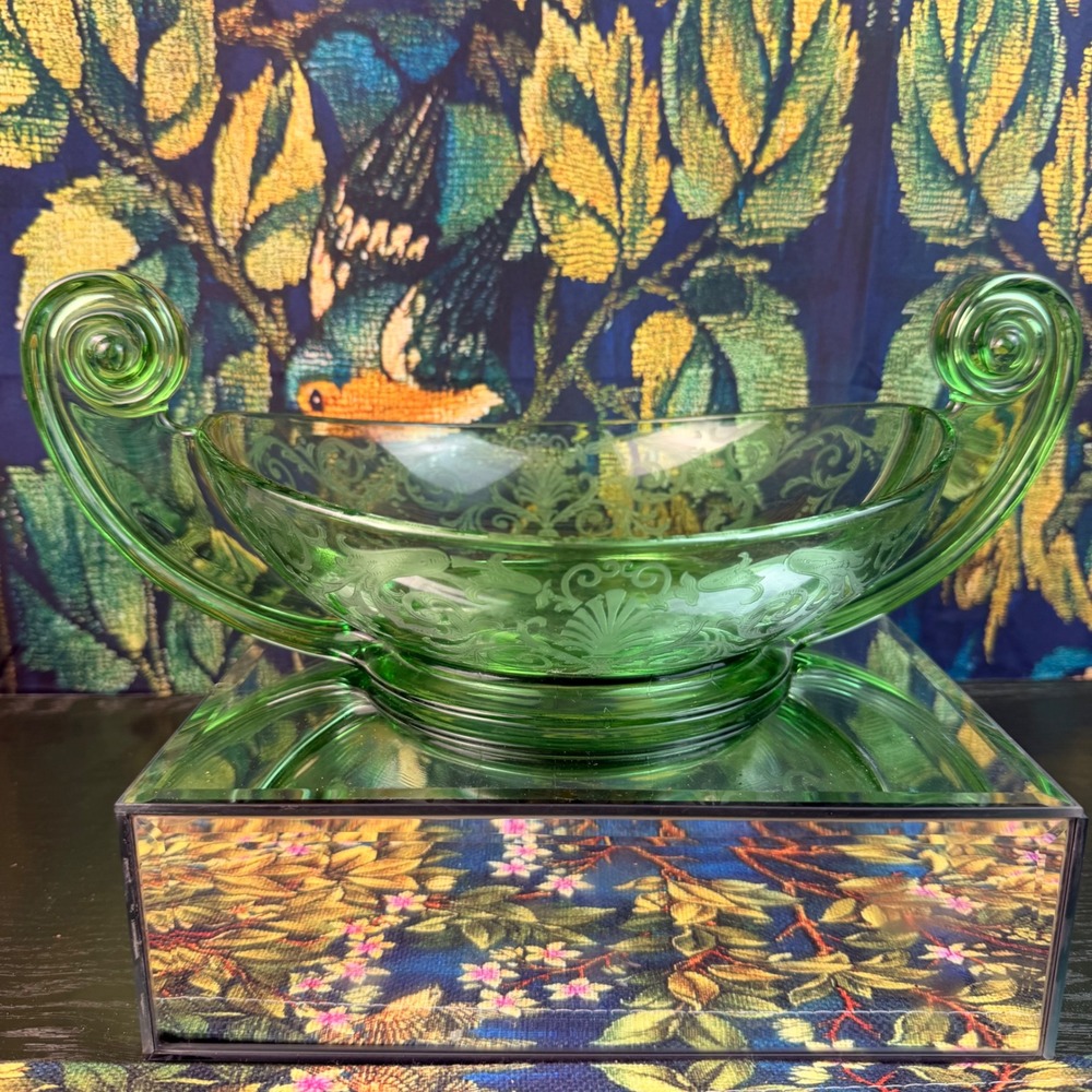 Fostoria Versailles Green Uranium Glass Centerpiece Bowl Etched Scrolled Handles